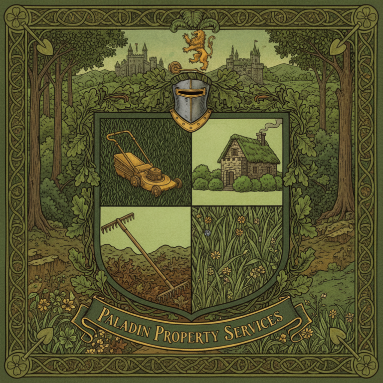 a medieval art style image for a lawn care company called paladin property services with a coat of arms with a mower a house a rake and grass close up with lots of earthy forest green colours 768x768